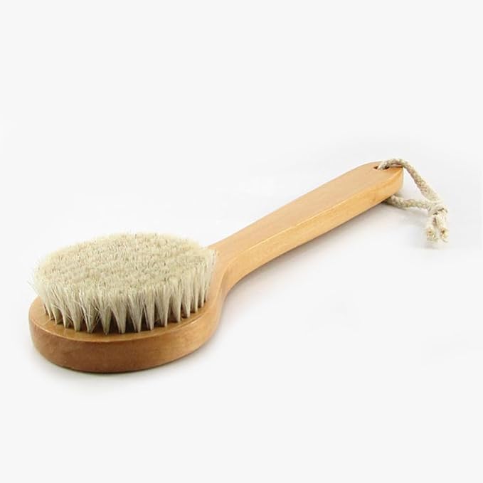 11.8 Inch Long Wooden Handle Dry Body Brush Back Scrubber, Bath Shower Brush Scrubber with Soft Horsehair Mane Natural Bristles, Good for Cellulite, Detox, Exfoliating, Blood Circulation,etc.