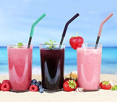 Senneny Set of 5 Stainless Steel Straws with Silicone Flex Tips Elbows Cover, 2 Cleaning Brushes and 1 Portable Bag Included (Black)- 6mm diameter