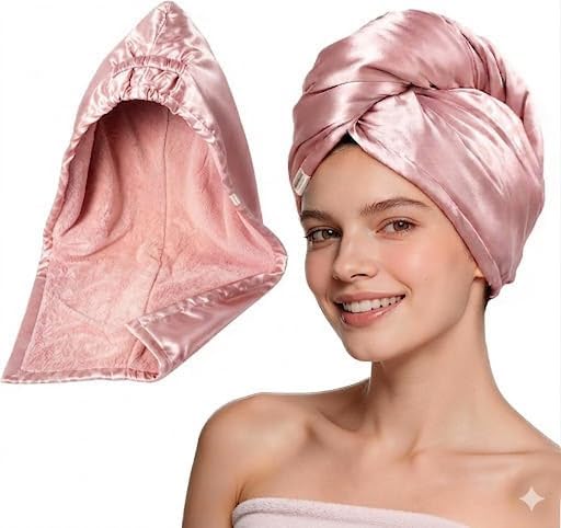 YANIBEST Satin Microfiber Hair Towel Wrap for Women, Fast Drying, Ultra Absorbent, Head Turban with Elastic for All Hair Types, Pink