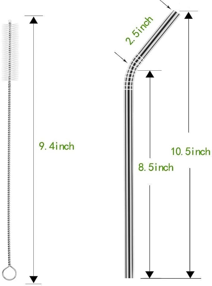Set of 10 Stainless Steel Straws, HuaQi Bent Reusable Drinking Straws 10.5'' Long 0.24‘’ Dia for 30 oz Tumbler and 20 oz Tumbler, 2 Cleaning Brush Included (10 Bent Staw + 2 Brushes）