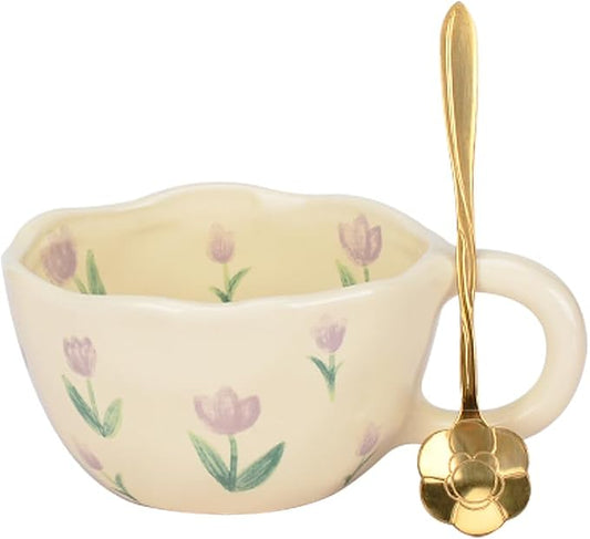 Cute Coffee Mug,Ceramic Tea cup,Kawaii coffee mugs,Handmade Creative Flower Pink mug with Spoon,Aesthetic mugs for milk Cappuccino Cocoa,8.5 oz Cheery Mug Gift for Women Christmas (Purple)