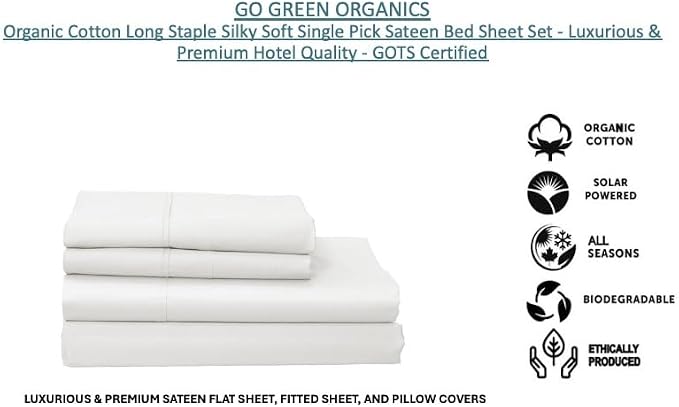 Organic Cotton Long Staple Silky Soft Single Pick Sateen Bed Sheet Set - Luxurious & Premium Hotel Quality - GOTS Certified - Solid Dyed (White, Queen (U.S. Standard))