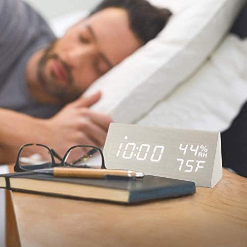 Digital Alarm Clock, Wooden Alarm Clock with Electronic LED Time Display, Humidity & Temperature Detect 3 Alarm Settings 3 Level Brightness Electric Clock for Bedroom Bedside Desk (White wood color)