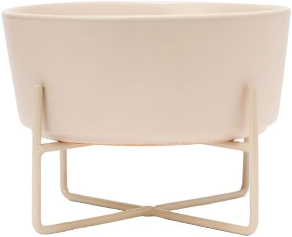 Waggo Simple Solid Dog Bowl and Dog Bowl Stand - Single Iron Stand with Single Ceramic Feeder or Water Bowl (Matte Buttercream, Large)