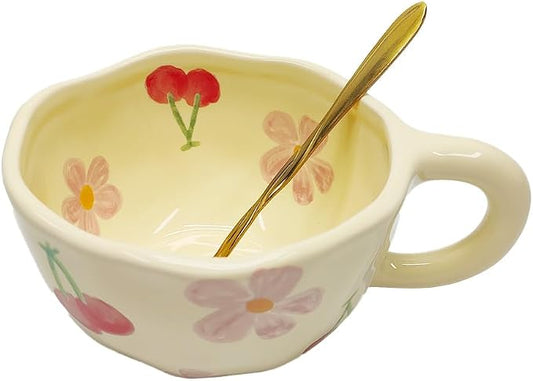 Ceramic Coffee Mug, Cute Floral Design Tea Cup 8.5 oz, Aesthetic Vintage Porcelain Latte Mug for Milk, Cocoa, Cappuccino, Home & Office, Ideal Gift for Women & Mom