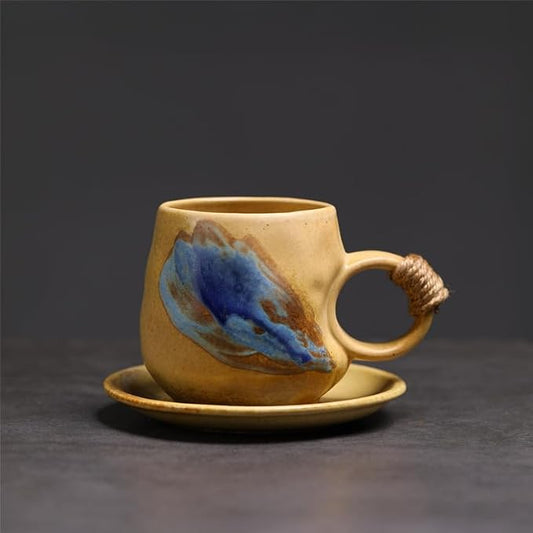 Handmade Rustic Ceramic Coffee Mug with Saucer, Kiln Glaze Pottery Tea Cup with Hemp Rope Handle, set of1, 300ml (YUANER01)