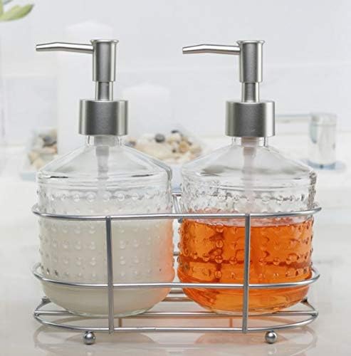 Circleware 32470 Dispenser Bottle Pumps in Metal Caddy with Brushed Finish Set of 2 Bathroom Accessories Home Decor for Essential Oils, Lotions, Liquid Soaps, 17.5 oz, Nickel Hobnail