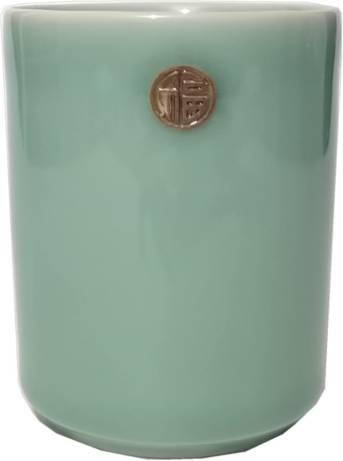 Handmade Celadon Chinese Teacup Flat Cup 6oz Coffee Mug Ceramic Milk Cup Engraved FU Porcelain Drinkware Glaze Pottery