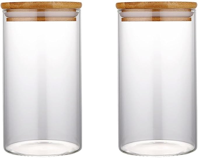 Set of 2 Glass Storage Container Airtight BPA Free Glass Food Storage Jars with Airtight Bamboo Wooden Lidsfor Flour, Sugar, Cookie, Spagetti, Nuts and CandyCereal and Kitchen Pantry Organization