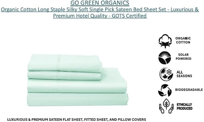 Organic Cotton Long Staple Silky Soft Single Pick Sateen Bed Sheet Set - Luxurious & Premium Hotel Quality - GOTS Certified - Solid Dyed (Clear Water, King (U.S. Standard))