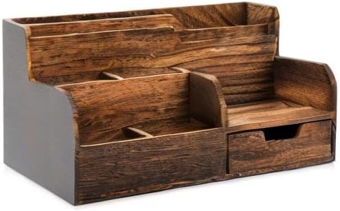 Pumtus Brown Wooden Desk Organizer, Mail Organizer with 7 Compartments and Drawer, Rustic Mail Sorter with Pen Holder, Tabletop Mail Basket, Office Accessories Holder for File Letter Document