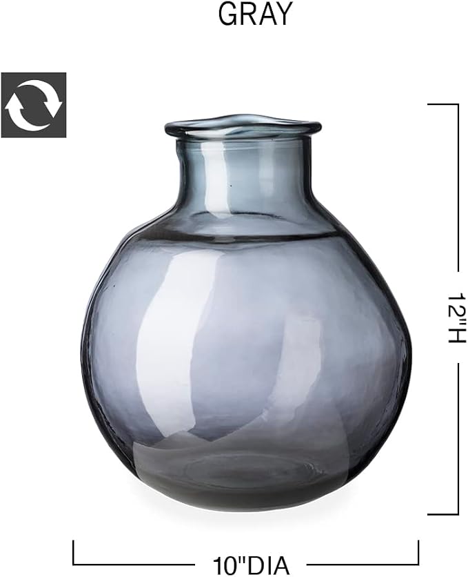 VivaTerra Recycled Oval Glass Balloon Vase – Handblown Glass Vases for Centerpieces – Unique Organic Shape in a Delicate Grey Color – Sustainable and Unique Home Decor (12" H x 10" Dia.)