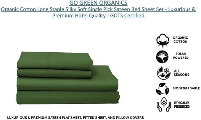 Organic Cotton Long Staple Silky Soft Single Pick Sateen Bed Sheet Set - Luxurious & Premium Hotel Quality - GOTS Certified - Solid Dyed (Vineyard Green, Queen (U.S. Standard))