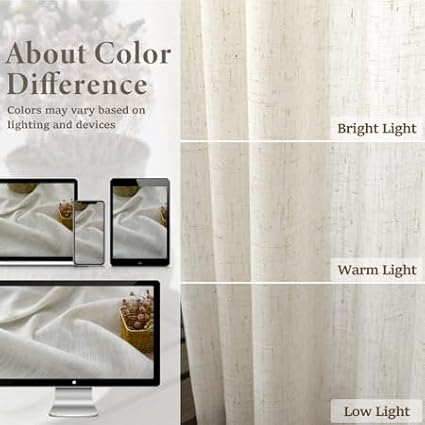 Pitalk Natural Linen Curtains 38 Inch Wide for Door 2 Panel Rod Pocket Back Tab Semi Sheer Neutral Cream Curtains for Small Windows Bathroom Laundry Room Narrow Skinny Drapes Off White 38x63 Length