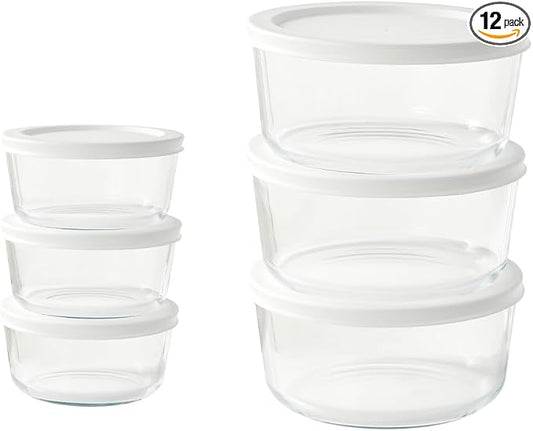 12-Piece Glass Food Storage Containers Set (6 Containers + 6 BPA-Free Lids) | 2-Cup & 4-Cup, Leakproof | Microwave, Freezer, Oven & Dishwasher Safe | Ideal for Meal Prep & Pantry Organization, White