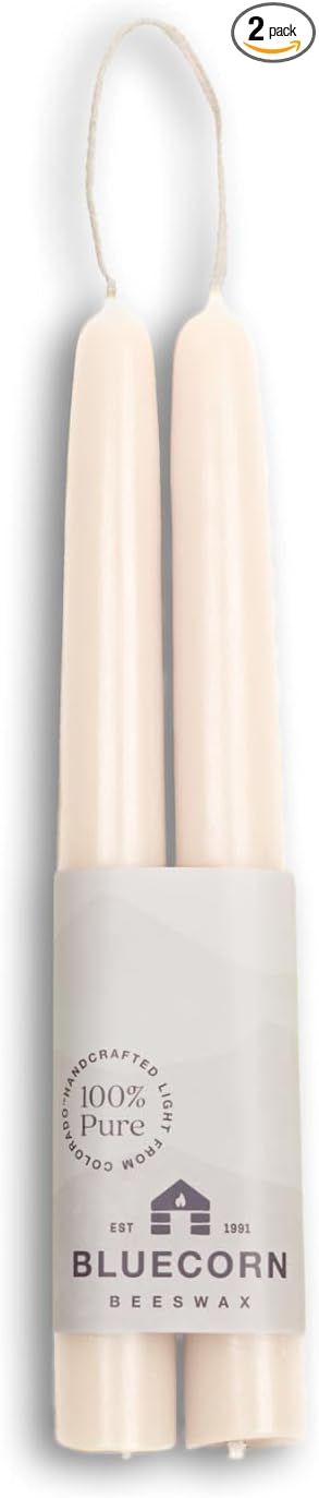 Bluecorn Beeswax Taper Candles, 100% Pure Natural Bees Wax, Pair of 8 Inch Ivory White Tapered Candlesticks, Clean Burning & Dripless, Fragrance Free, Long Lasting, Home Decor, American Made, 1 Count