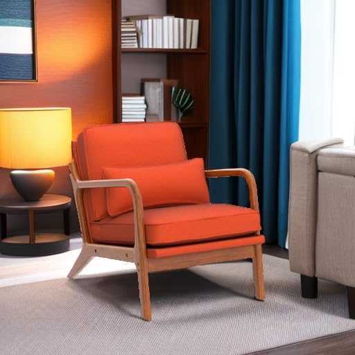 Karl home Mid-Century Modern Accent Reading Chair, Burnt Orange | Linen Upholstered, Solid Wood Frame, Soft Cushion, Lumbar Pillow, Lounge Armchair for Living Room, Bedroom, Balcony, Study