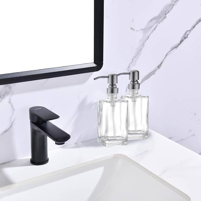Glass Soap Dispenser Set, Brushed Nickel Stainless Steel Pump & Clear Square Glass Soap Dispenser Bottle, 2 X 13.5oz Refillable Liquid Hand Soap Jar for Kitchen & Bathroom