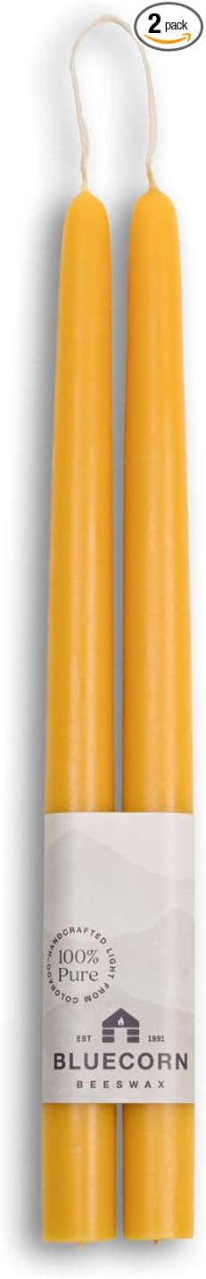 Bluecorn Beeswax Taper Candles, 100% Pure Natural Bees Wax, Pair of 12 Inch Yellow Tapered Candlesticks, Clean Burning & Dripless, Fragrance Free, Long Lasting, Home Decor, American Made, 1 Count