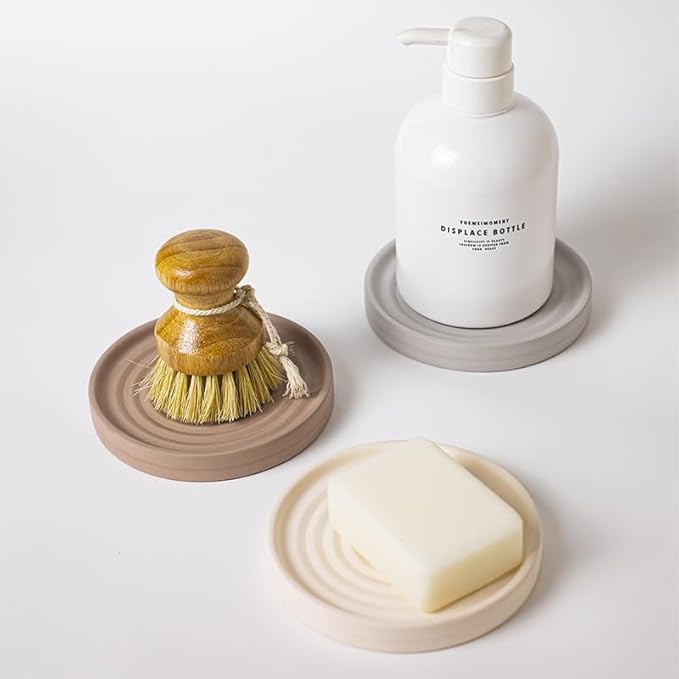 Selegna Diatomite Round Soap Dish & Soap Holder, Quick-Dry Drying Stone Bar Soap Tray with Ripple Pattern, Water-Absorbing Diatomaceous Earth Vanity Tray for Bathroom & Kitchen Countertop