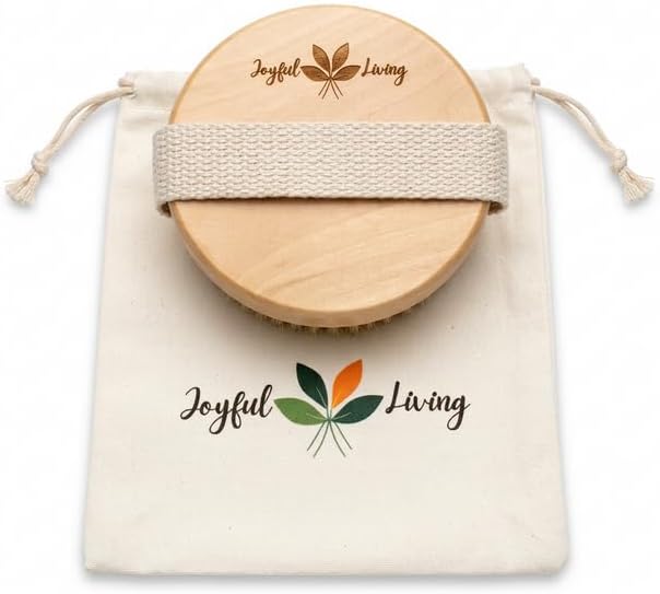 Joyful Living Round Dry Body Brush, Natural Boar Bristle | Handheld Wooden Scrubber, For Exfoliating, Cellulite & Detox, With Storage Bag