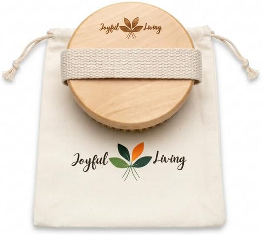 Joyful Living Round Dry Body Brush, Natural Boar Bristle | Handheld Wooden Scrubber, For Exfoliating, Cellulite & Detox, With Storage Bag