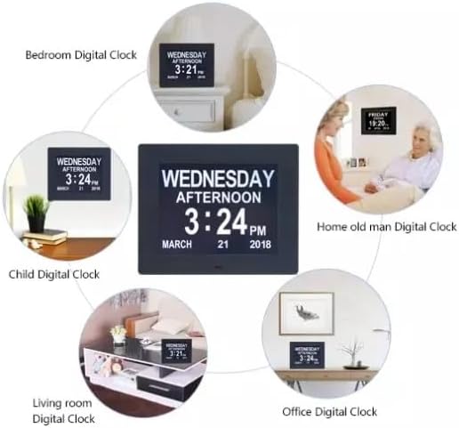 Digital Calendar Date Multi Alarm Clock 8 inch Large Display Auto-Dimming Electic Desk Table Wall Mount Office, Home, Kitchen, Room, School, Bedroom, Living Room (Black)