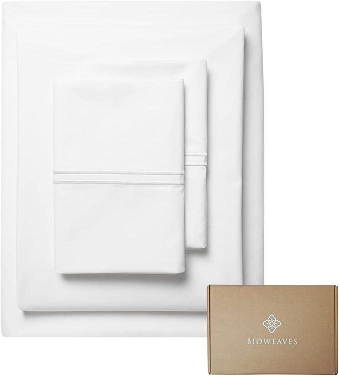 BIOWEAVES 100% Organic Cotton Percale Weave Sheets Queen – Crisp, Soft & Naturally Cooling, 300 Thread Count GOTS Certified Sheets for Queen Size Bed with 17” Deep Pocket – 4 Piece Set, White
