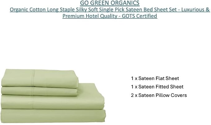 Organic Cotton Long Staple Silky Soft Single Pick Sateen Bed Sheet Set - Luxurious & Premium Hotel Quality - GOTS Certified - Solid Dyed (Tea Green, Queen (U.S. Standard))