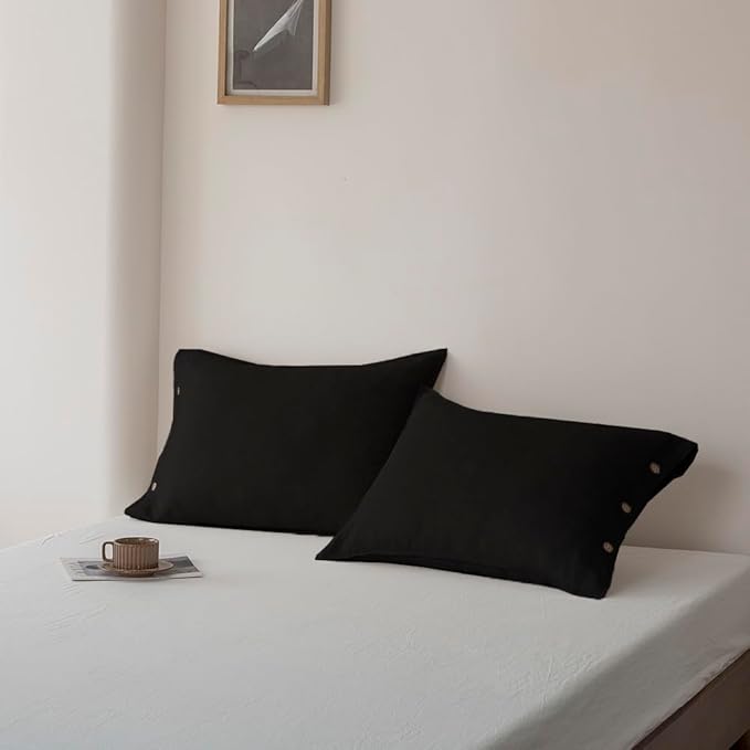 EVERLY 100% Linen Pillowcases Set of 2, French Linen from Normandy, 20X30Inch Queen Size, Natural Color, Coconut Buttons Closure, Flax Pillowshams-Pillowcase-Black
