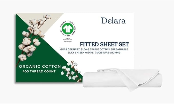 GOTS Certified 100% Organic Cotton Sheets, 400TC Long Staple Cotton, Ultra Soft Silky, Moisture-Wicking, Smooth & Breathable, with Elasticized Deep Pocket