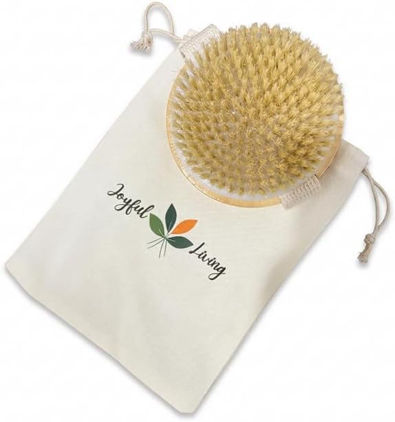 Joyful Living Round Dry Body Brush, Natural Boar Bristle | Handheld Wooden Scrubber, For Exfoliating, Cellulite & Detox, With Storage Bag