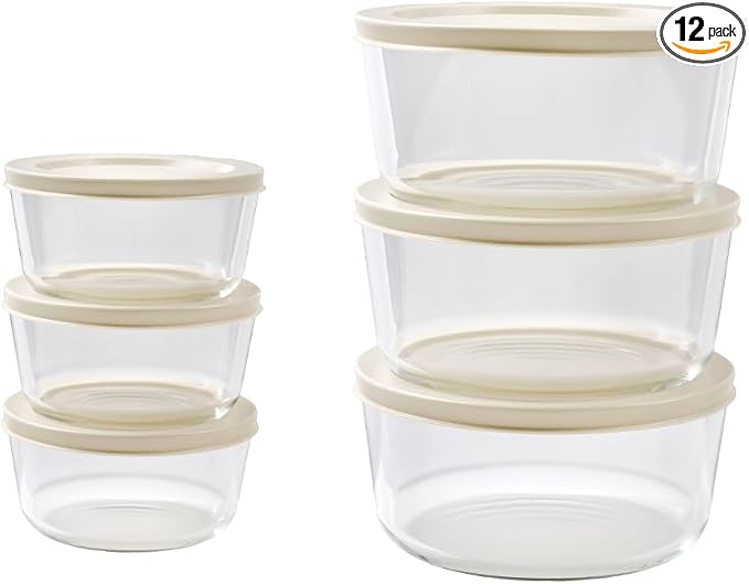 12-Piece Glass Food Storage Containers Set (6 Containers + 6 BPA-Free Lids) | 2-Cup & 4-Cup, Leakproof | Microwave, Freezer, Oven & Dishwasher Safe | Ideal for Meal Prep & Pantry Organization, Beige