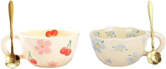 Cute Coffee Mug,Ceramic Tea cup,Kawaii coffee mugs,Handmade Creative Flower Pink mug with Spoon,Aesthetic mugs for milk Cappuccino Cocoa,8.5 oz Cheery Mug Gift for Women Christmas (P+B)
