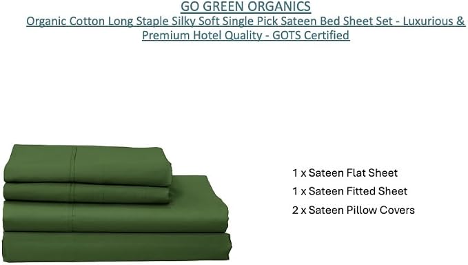 Organic Cotton Long Staple Silky Soft Single Pick Sateen Bed Sheet Set - Luxurious & Premium Hotel Quality - GOTS Certified - Solid Dyed (Vineyard Green, Queen (U.S. Standard))