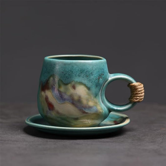 Handmade Rustic Ceramic Coffee Mug with Saucer, Kiln Glaze Pottery Tea Cup with Hemp Rope Handle, set of1, 300ml (YUANER04)