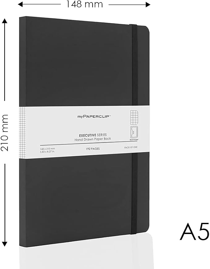myPAPERCLIP Executive Series A5 Checks/Square Grid Notebook | 192 Pages, 80 GSM, Soft Cover, A5 (5.83 x 8.27 in) | Flat Lay | Bookmark, Elastic Closure & Back Pocket | Black