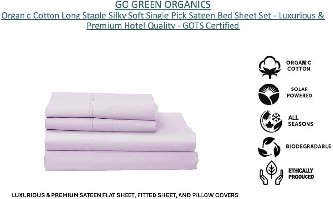 Organic Cotton Long Staple Silky Soft Single Pick Sateen Bed Sheet Set - Luxurious & Premium Hotel Quality - GOTS Certified - Solid Dyed (Lavender, Queen (U.S. Standard))