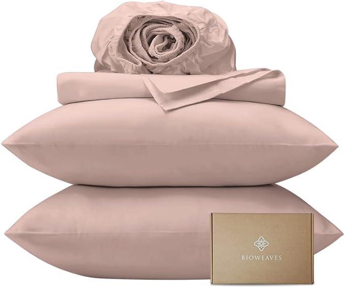 BIOWEAVES 100% Organic Cotton Sheets, 300 Thread Count 4-Piece GOTS Certified Bed Sheet Set Fits Mattress Upto 17" Deep Pocket, Soft & Silky Sateen Weave (Queen, Dusty Rose)