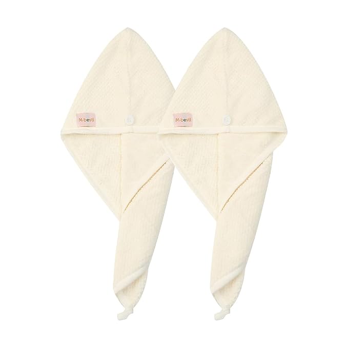 M-bestl 2 Pack Microfiber Hair Towel Wrap,Hair Drying Towel with Button, Absorbent and Soft,Anti-frizz Towel to Dry Hair Quickly(Beige&Beige)
