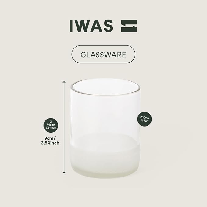 IWAS Upcycled Clear Drinking Glasses | 250 ML | 8.45 OZ | Set of 6 | Sustainable Water Glasses | Environmentally Friendly Clear Glasses For Home