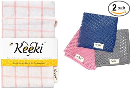 Reusable Beeswax Lined Bread Bag (Pink) & Non-Scratch Mesh Cleaning Cloth – Bread Storage & Kitchen Cleanup Bundle – 2-Piece Set
