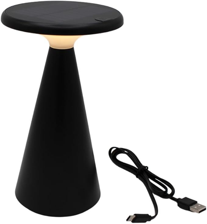 Portable Solar Powered Mushroom LED Table Lamp - Indoor/Outdoor Use - Stepless Dimming - Up to 45 Hour Rechargeable Battery - 1.6W, 160 lumens, 2700K - IP44 Weather Resistant - Black