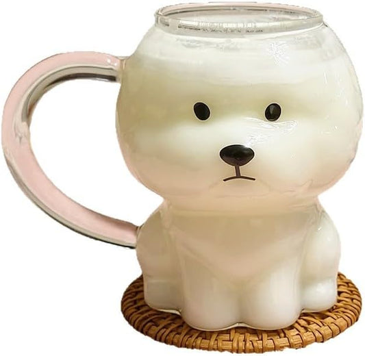 Coffee Mug Cups Ceramic Tea Cup Cute 3D Bichon Frise Dog Shaped Handmade Pottery Cute Mugs Handle Office Home Hot Ice Chocolate Milk Mugs Gifts Microwave Dishwasher Safe 14 Oz Travel Mug (Clear dog)