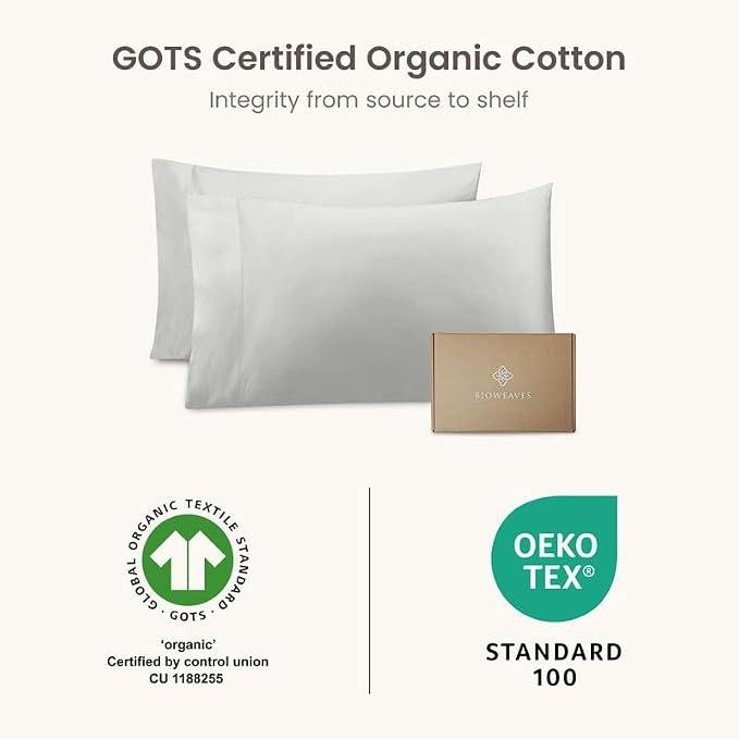 Bioweaves 100% Organic Cotton Pillow Cases 300 Thread Count Soft Sateen Weave GOTS Certified – Standard/Queen Size, Set of 2, Silver