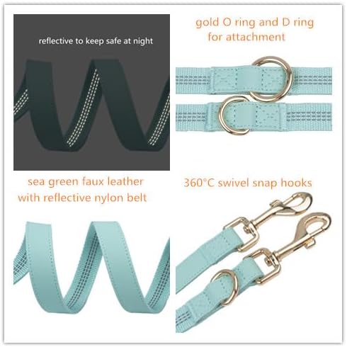 Leather Dog Collar and Leash Set 7FT Reflective at Night - Soft and Easy to Clean Vegan Leather with Gold Metal Buckle for Small Medium Large Dogs (S, Sea Green)