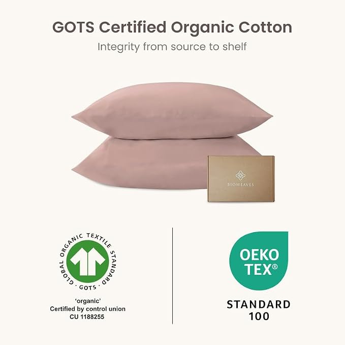 Bioweaves 100% Organic Cotton Envelope Pillow Cases 300 Thread Count Soft Sateen Weave GOTS Certified – 20 X 27, Set of 2, Dusty Rose