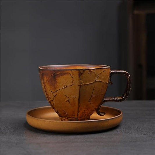 Rustic Kiln Glaze Textured Ceramic Coffee Mug with Saucer, Vintage Wabi Sabi Latte Tea Cup Multiple Styles, set of 1 (MIXED012)