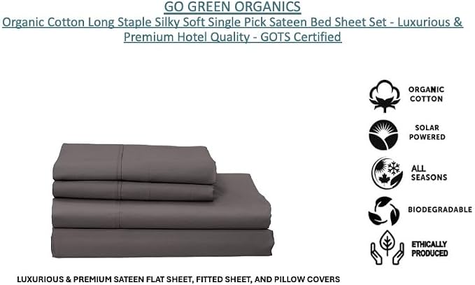 Organic Cotton Long Staple Silky Soft Single Pick Sateen Bed Sheet Set - Luxurious & Premium Hotel Quality - GOTS Certified - Solid Dyed (Dark Grey, Queen (U.S. Standard))
