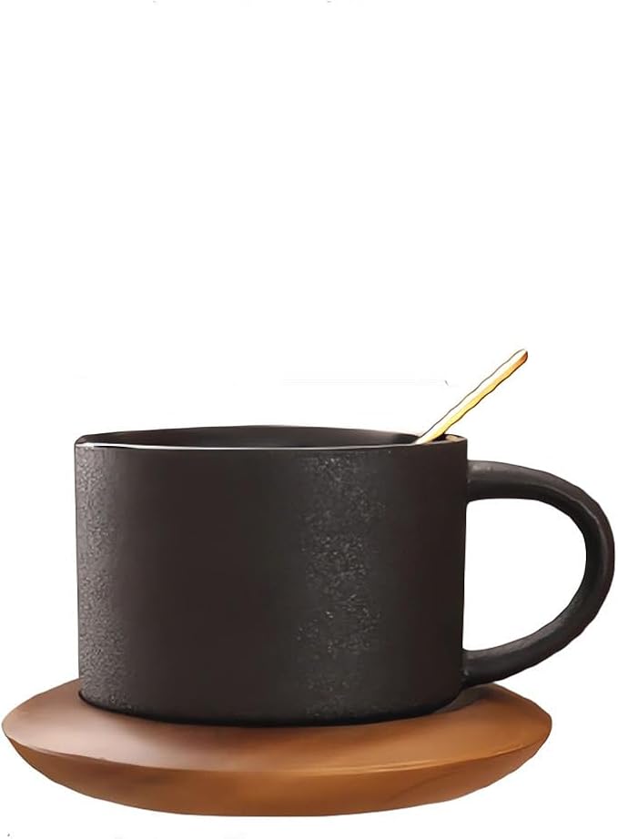 Ceramic Coffee and Tea Cup with Natural Acacia Wood Saucer (8 Oz), Best for Latte, Cappuccino, Tea or Espresso. Unglazed Porcelain Arty Mug (Pure black)